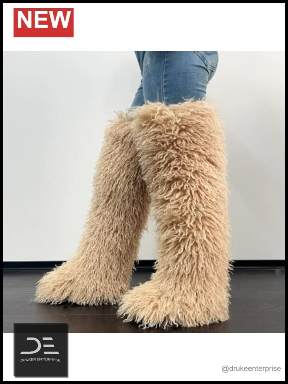 Thigh High Shaggy Teddy Fur Over the Knee Boots for Women, Fluffy Faux Fur Tall
